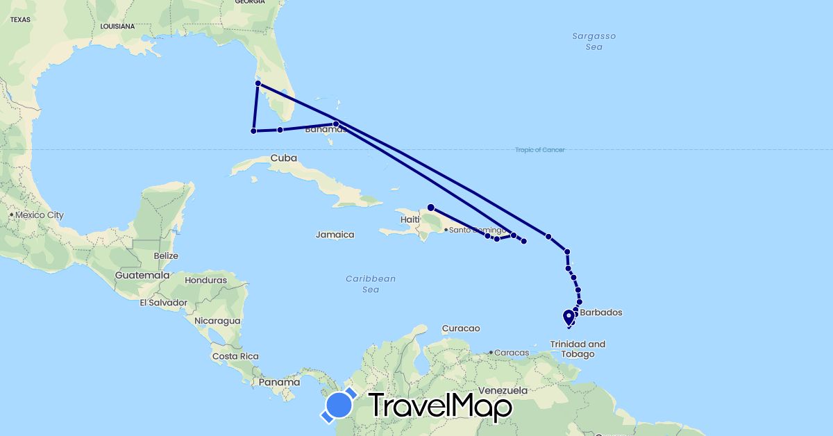 TravelMap itinerary: driving in Antigua and Barbuda, Bahamas, Dominica, Dominican Republic, France, Grenada, Saint Lucia, Netherlands, United States, Saint Vincent and the Grenadines (Europe, North America)
